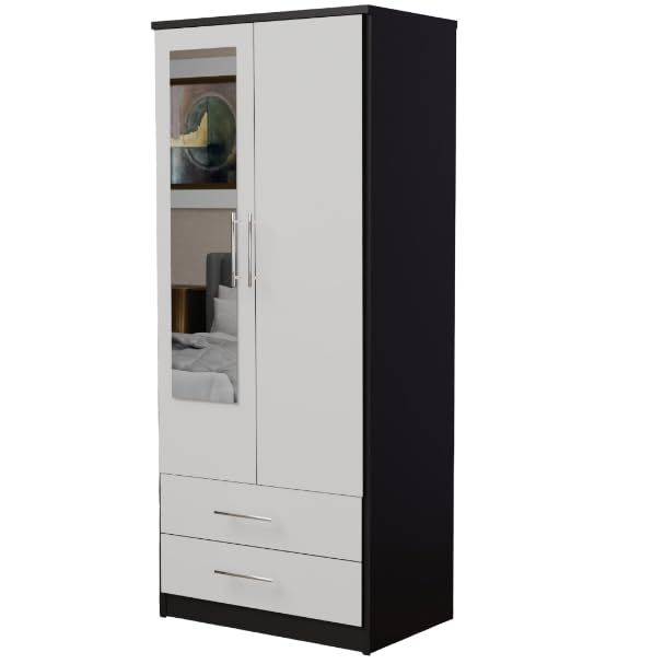 2 Door Mirrored Wardrobe White Fully Assembled with Drawers and Hanging Rail 78cm