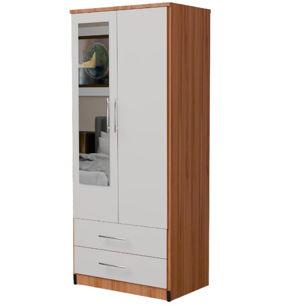 2 Door Mirrored Wardrobe White Fully Assembled with Drawers and Hanging Rail 78cm