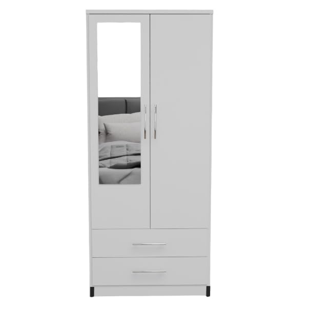 2 Door Mirrored Wardrobe White Fully Assembled with Drawers and Hanging Rail 78cm