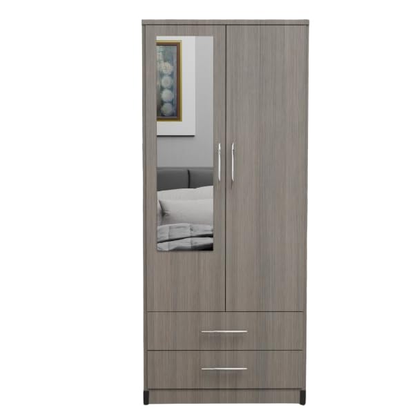 2 Door Mirrored Wardrobe White Fully Assembled with Drawers and Hanging Rail 78cm