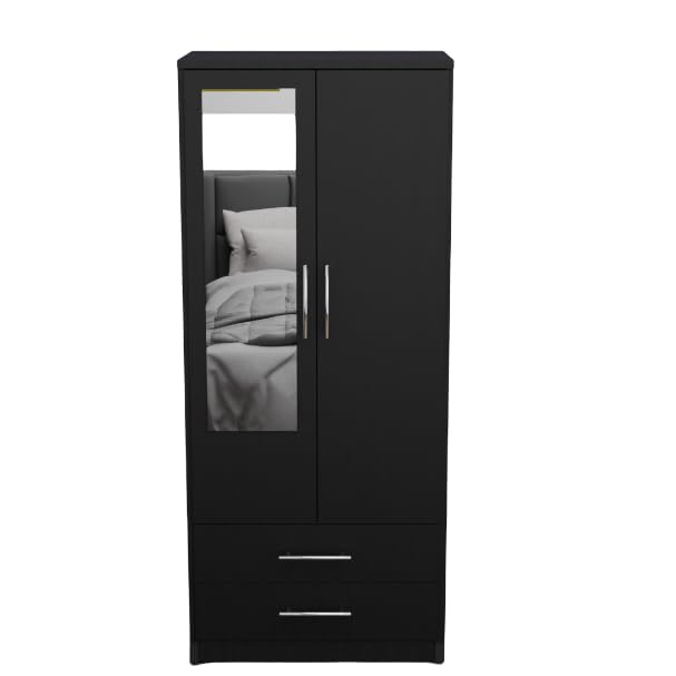 2 Door Mirrored Wardrobe White Fully Assembled with Drawers and Hanging Rail 78cm