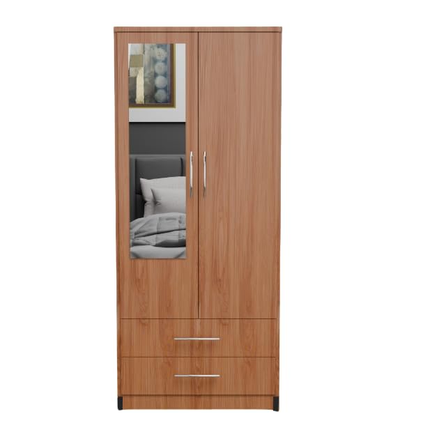2 Door Mirrored Wardrobe White Fully Assembled with Drawers and Hanging Rail 78cm