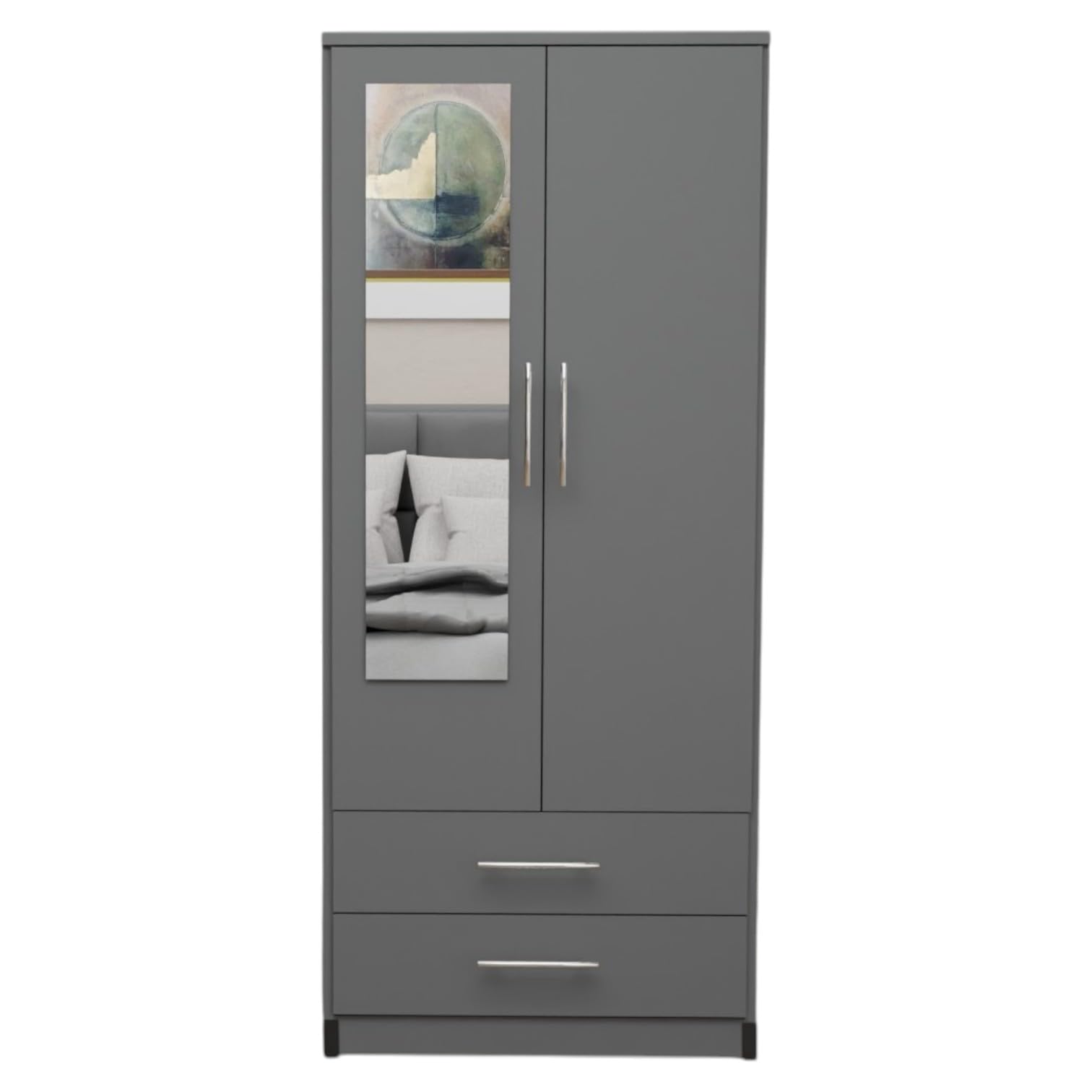 2 Door Mirrored Wardrobe White Fully Assembled with Drawers and Hanging Rail 78cm