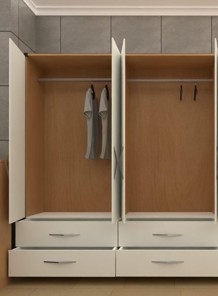 4 Door Mirrored Wardrobe White 156cm Assembled with Drawers and Hanging Rails