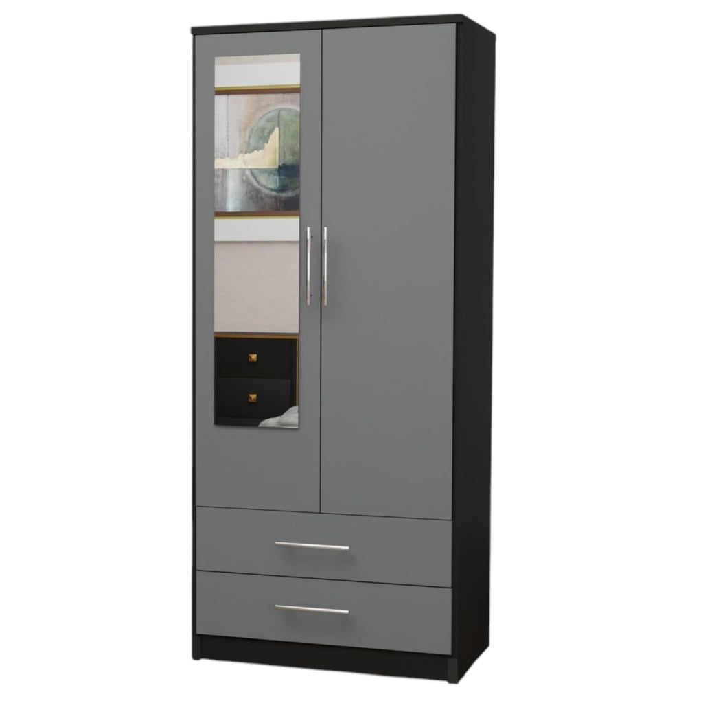 2 Door Mirrored Wardrobe White Fully Assembled with Drawers and Hanging Rail 78cm