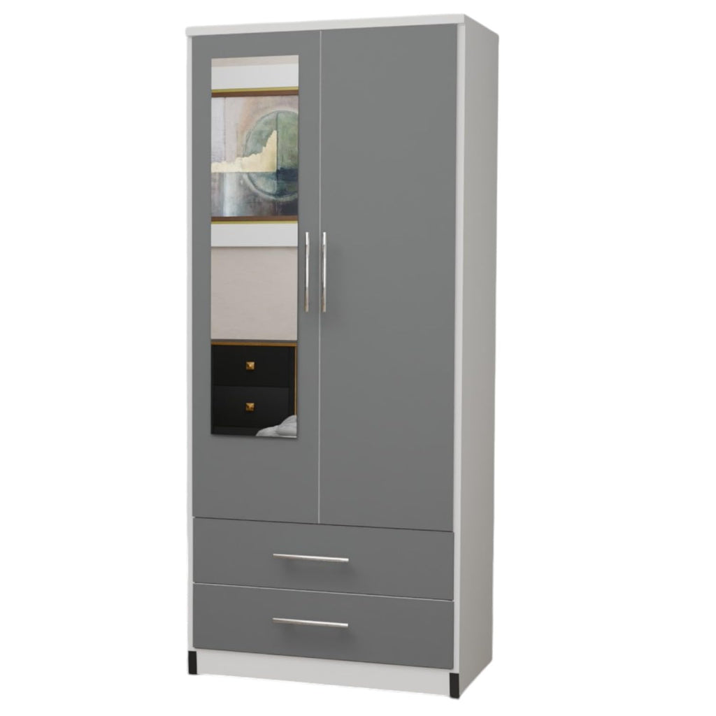 2 Door Mirrored Wardrobe White Fully Assembled with Drawers and Hanging Rail 78cm