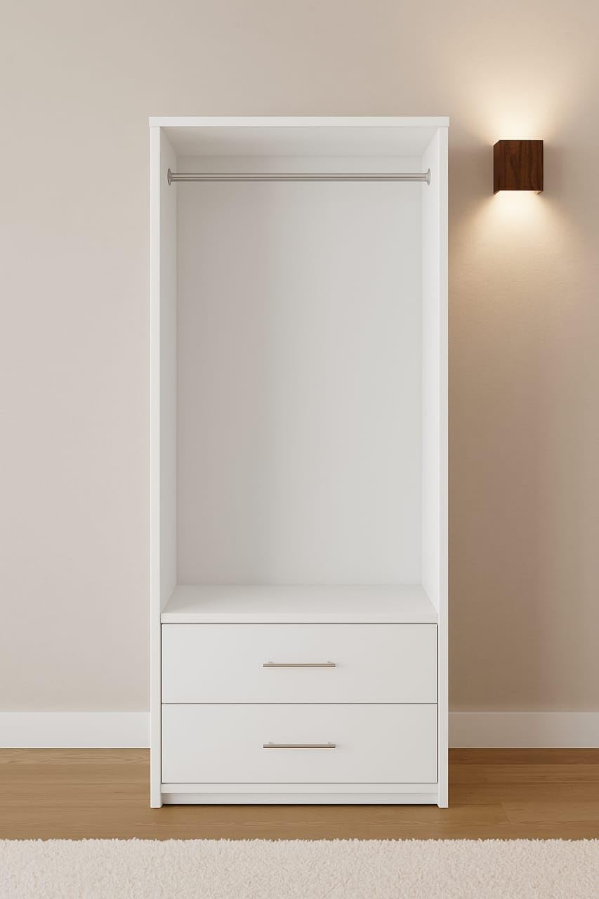 2 Door Mirrored Wardrobe White Fully Assembled with Drawers and Hanging Rail 78cm