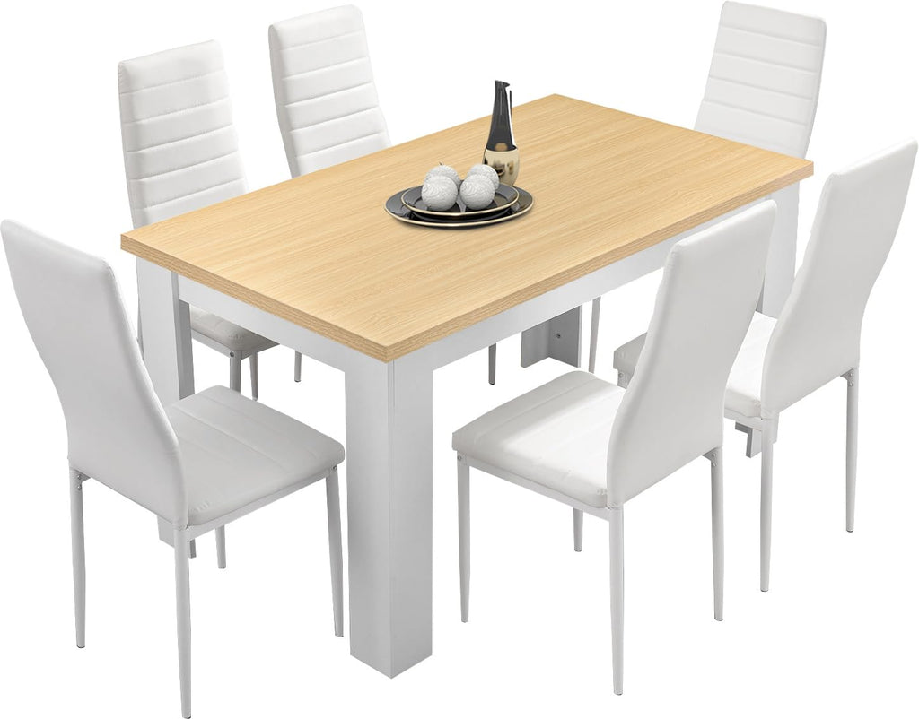6 Seater Dining Table Set 140x80cm Wooden Table with High Back PU Leather Chairs