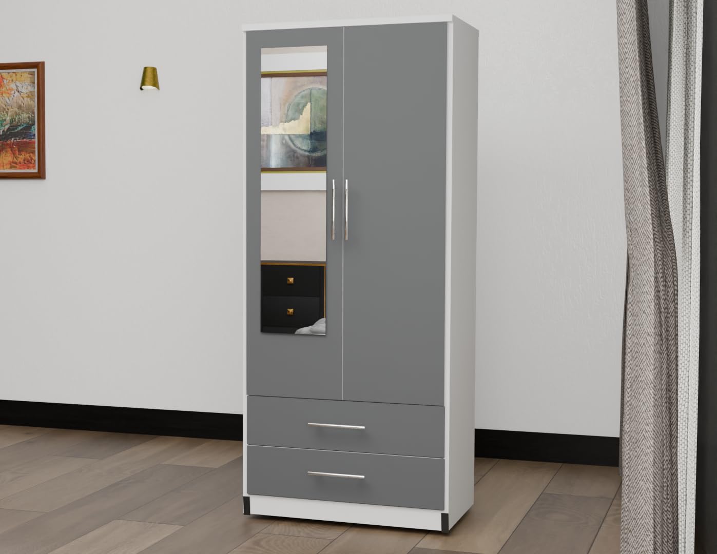 2 Door Mirrored Wardrobe White Fully Assembled with Drawers and Hanging Rail 78cm