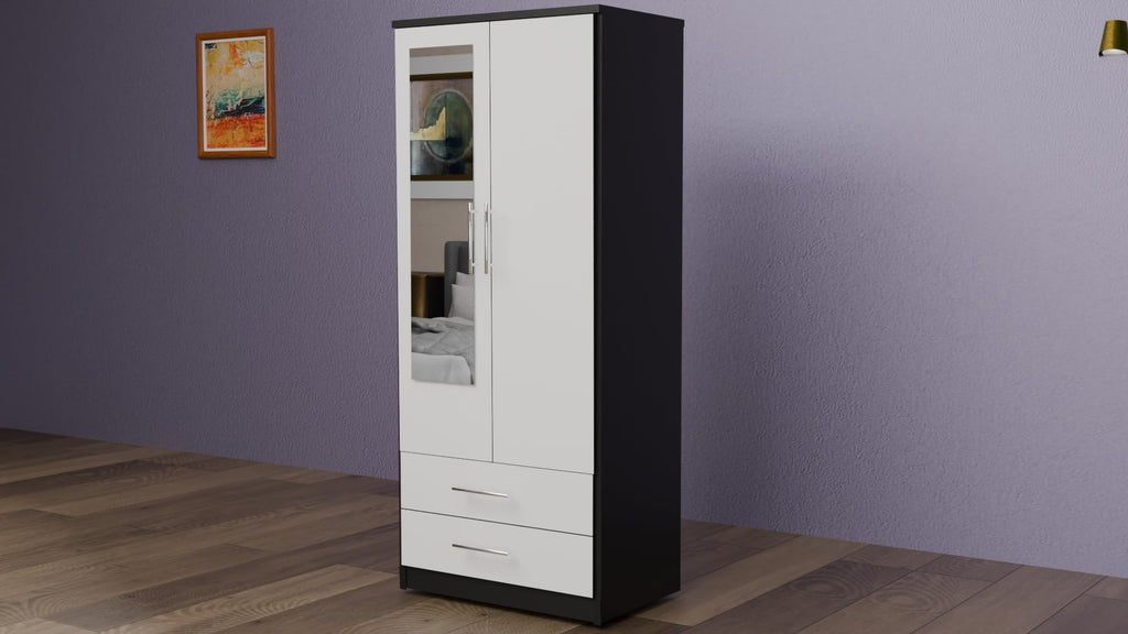 2 Door Mirrored Wardrobe White Fully Assembled with Drawers and Hanging Rail 78cm