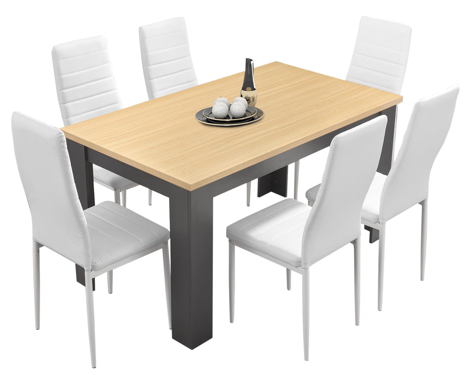 6 Seater Dining Table Set 140x80cm Wooden Table with High Back PU Leather Chairs