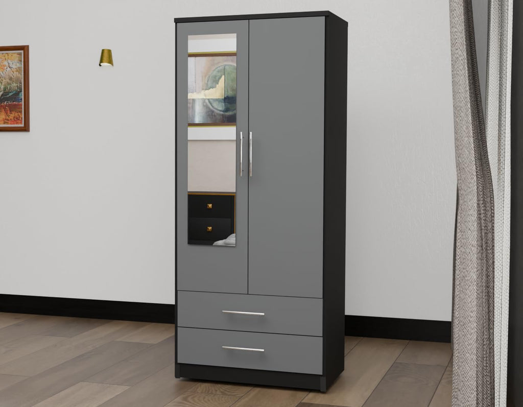 2 Door Mirrored Wardrobe White Fully Assembled with Drawers and Hanging Rail 78cm