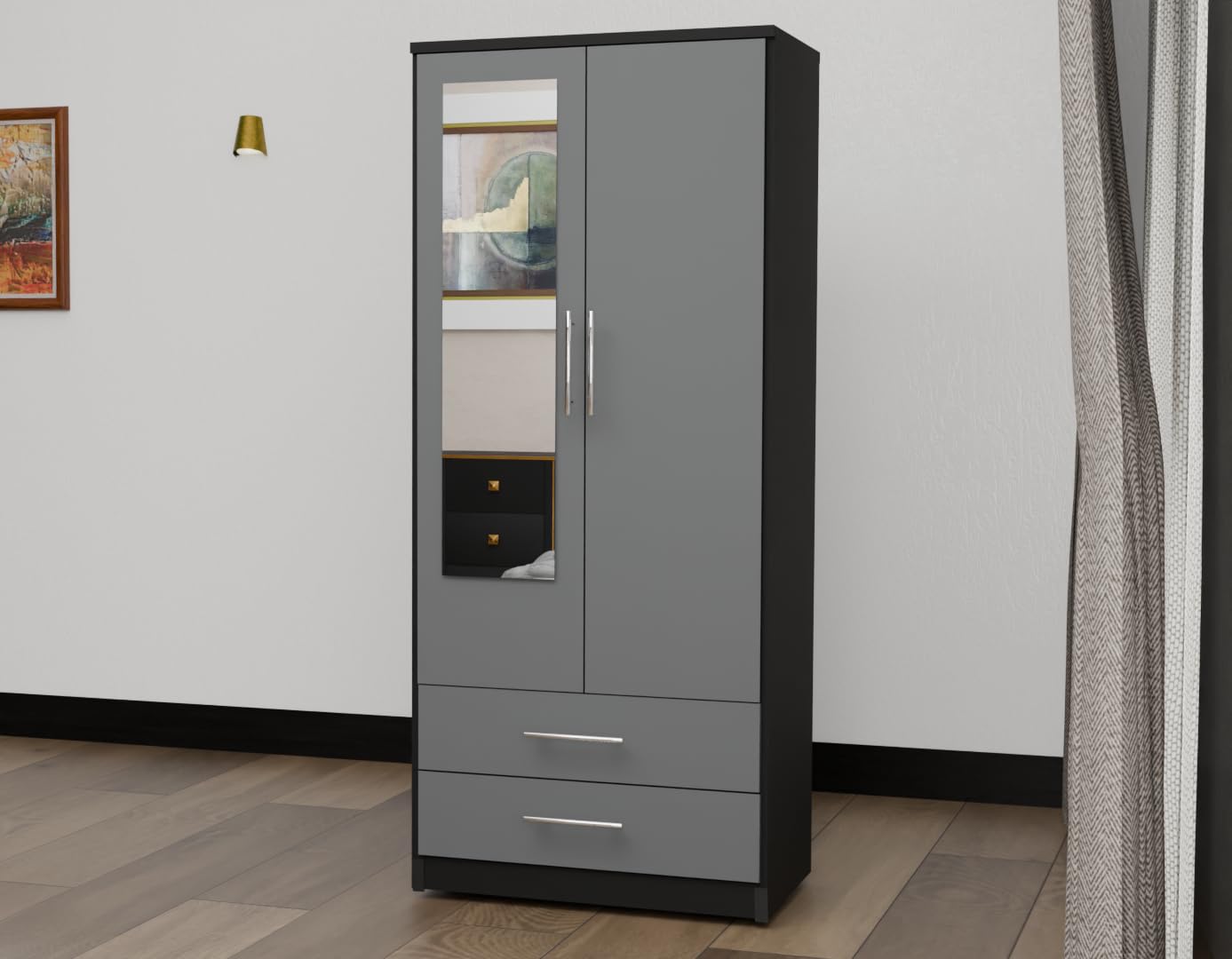 2 Door Mirrored Wardrobe White Fully Assembled with Drawers and Hanging Rail 78cm