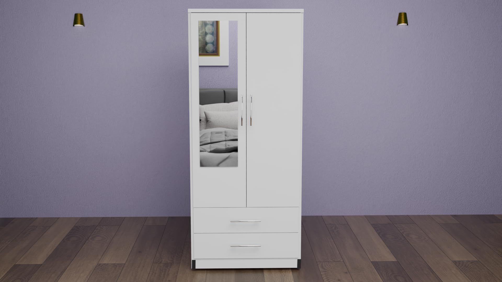 2 Door Mirrored Wardrobe White Fully Assembled with Drawers and Hanging Rail 78cm