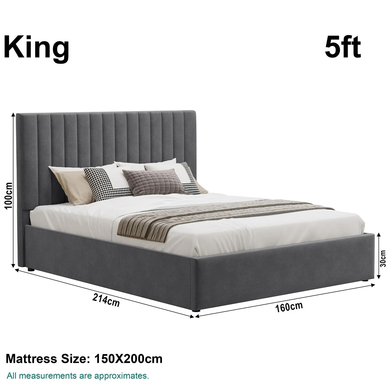 Velvet Ottoman Storage Bed Double 4ft6 Grey Gas Lift Bed Frame with Slats No Mattress