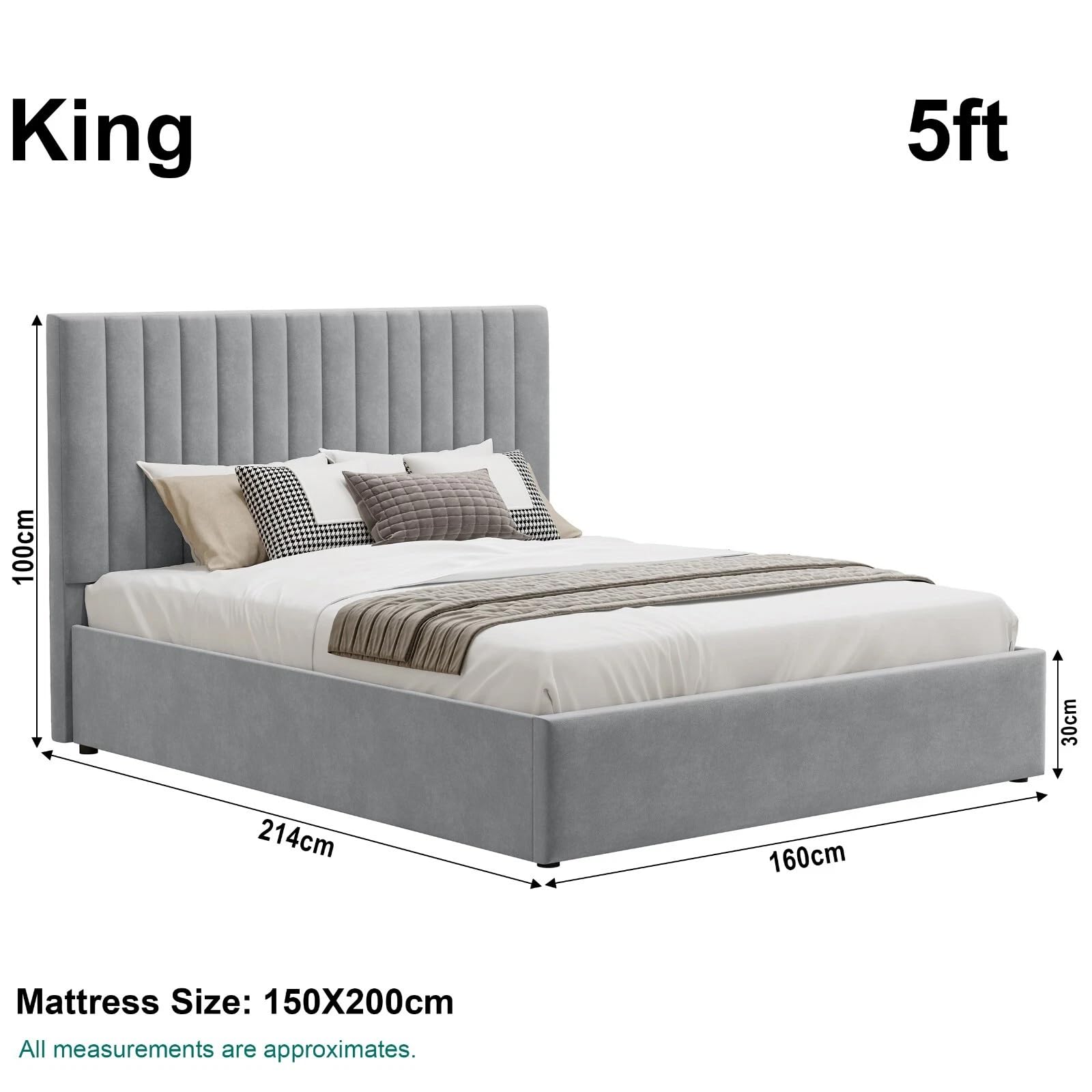 Velvet Ottoman Storage Bed Double 4ft6 Grey Gas Lift Bed Frame with Slats No Mattress