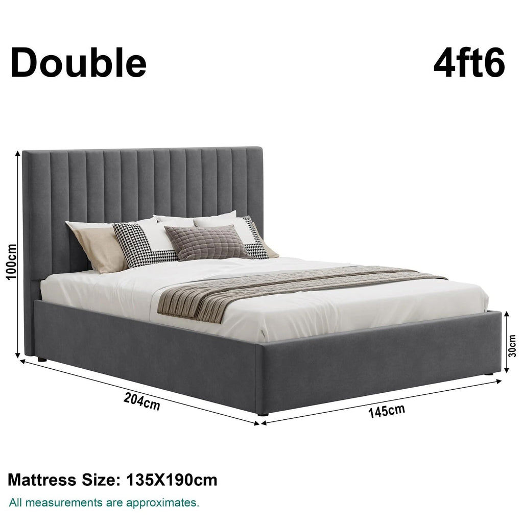Velvet Ottoman Storage Bed Double 4ft6 Grey Gas Lift Bed Frame with Slats No Mattress