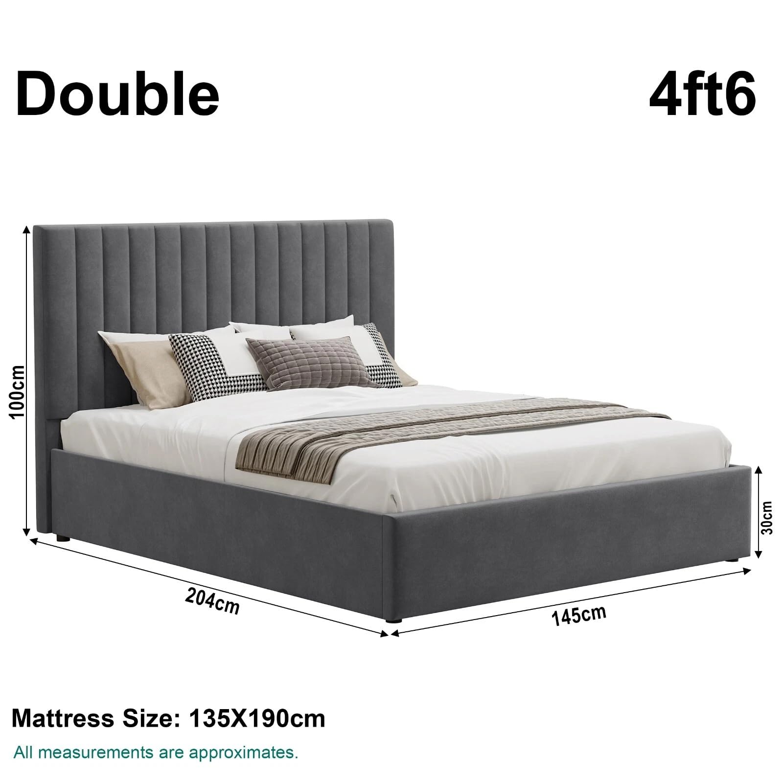 Velvet Ottoman Storage Bed Double 4ft6 Grey Gas Lift Bed Frame with Slats No Mattress