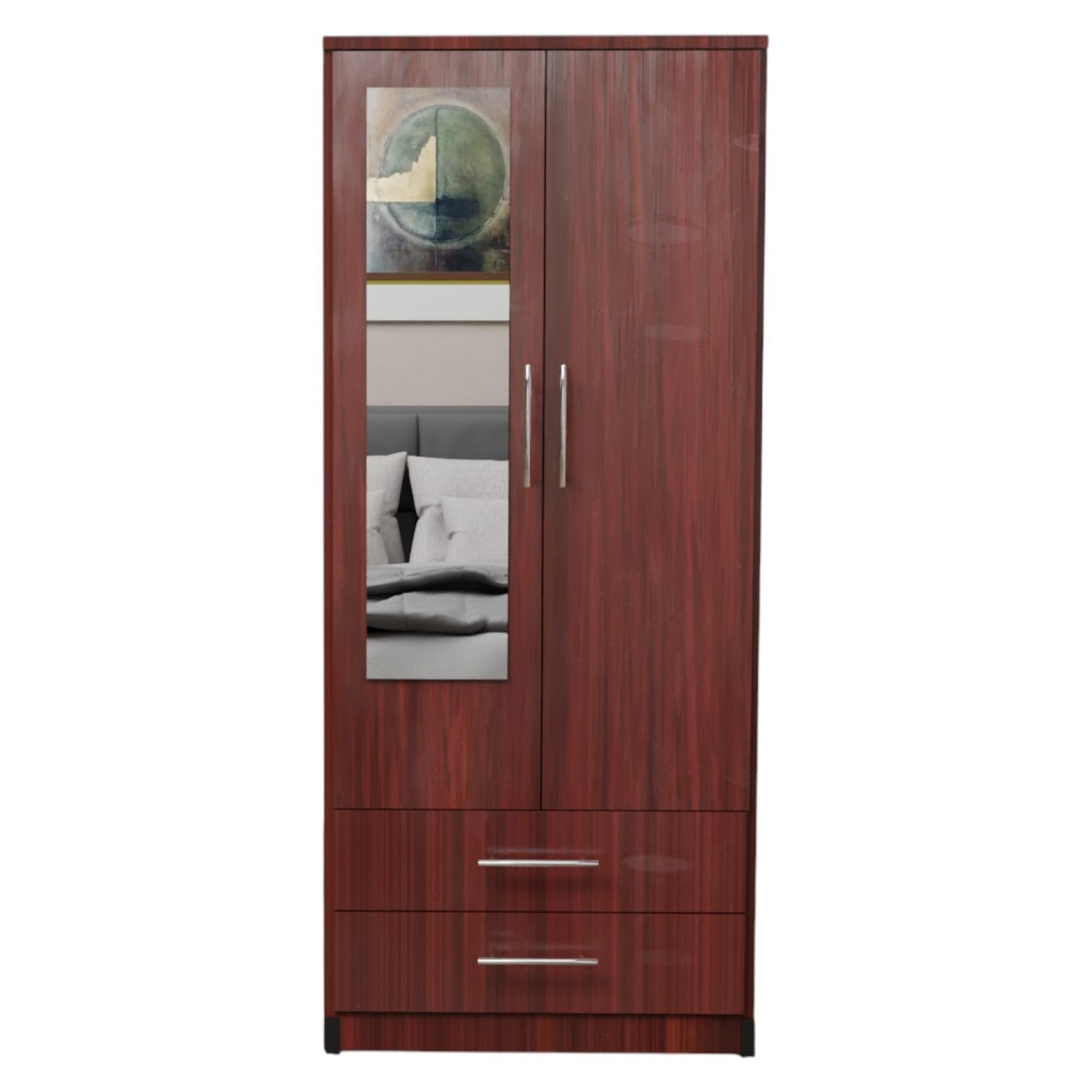 2 Door Mirrored Wardrobe White Fully Assembled with Drawers and Hanging Rail 78cm