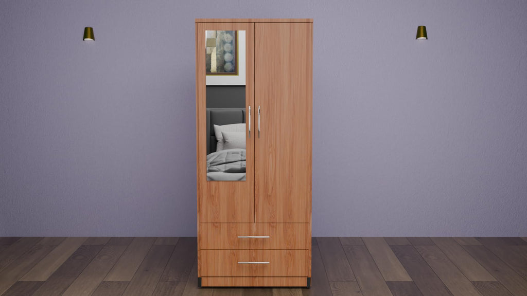 2 Door Mirrored Wardrobe White Fully Assembled with Drawers and Hanging Rail 78cm