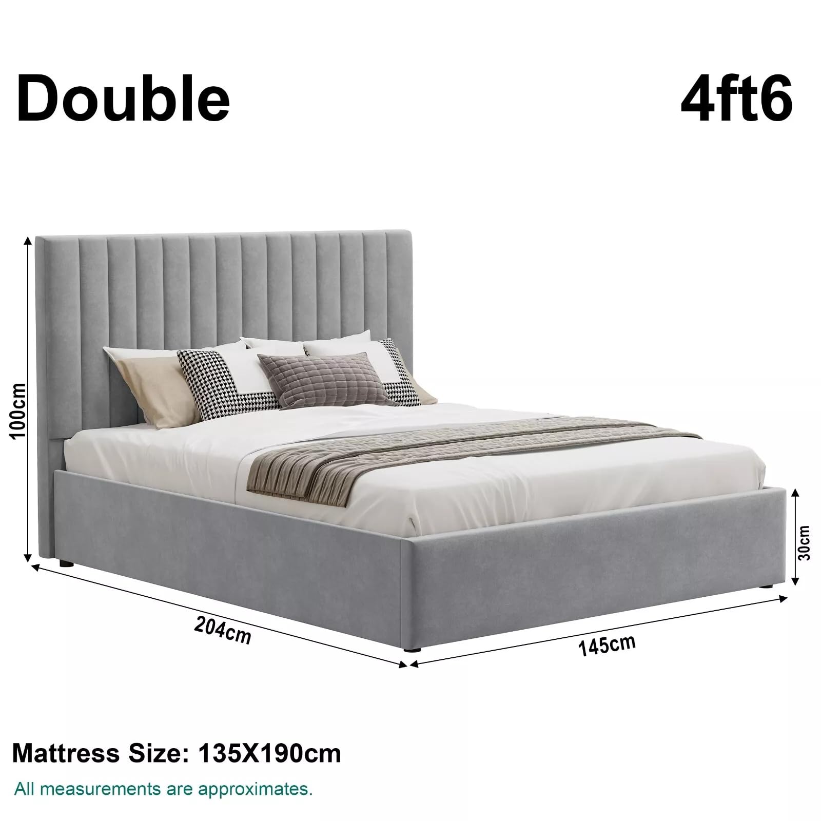 Velvet Ottoman Storage Bed Double 4ft6 Grey Gas Lift Bed Frame with Slats No Mattress