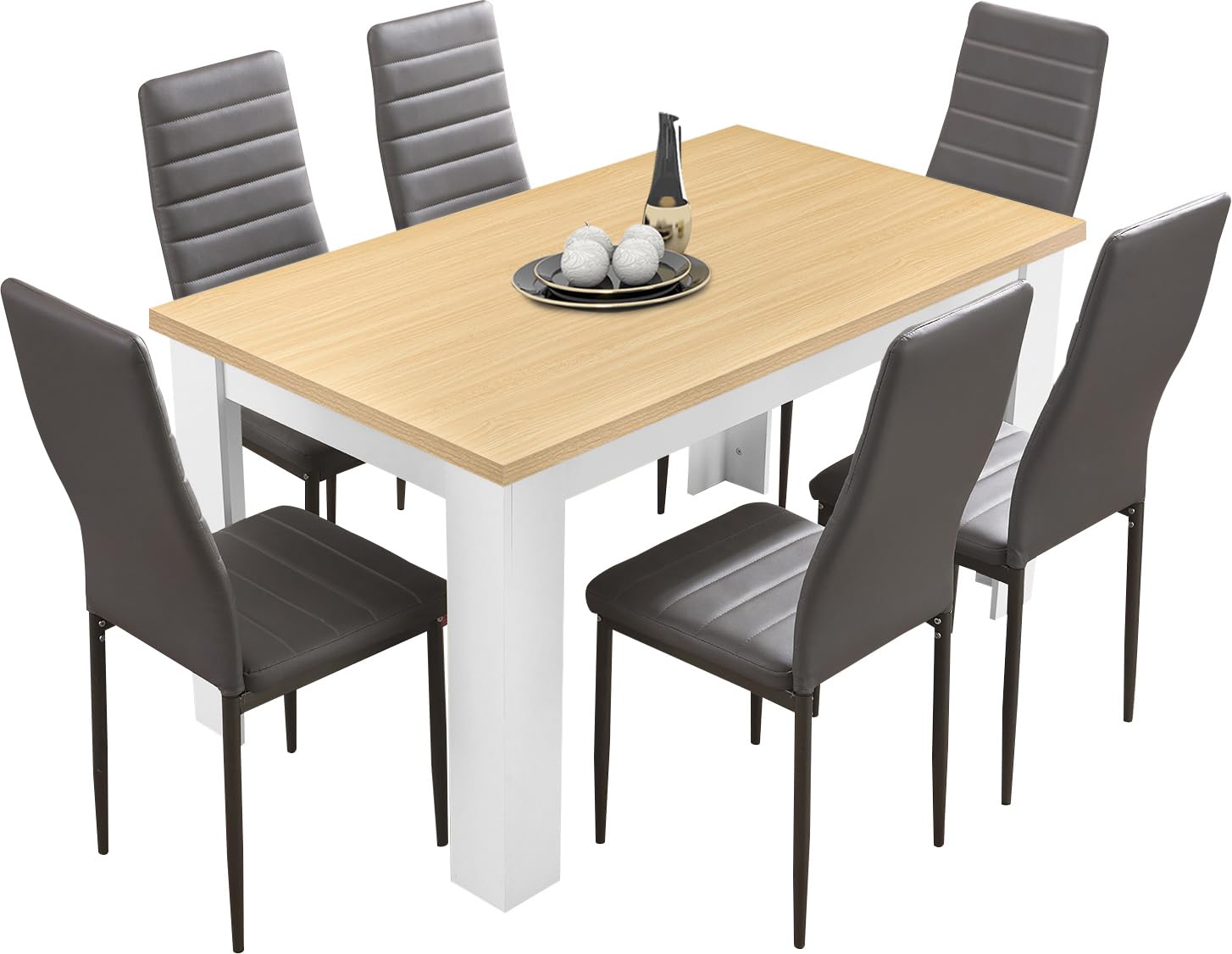 6 Seater Dining Table Set 140x80cm Wooden Table with High Back PU Leather Chairs