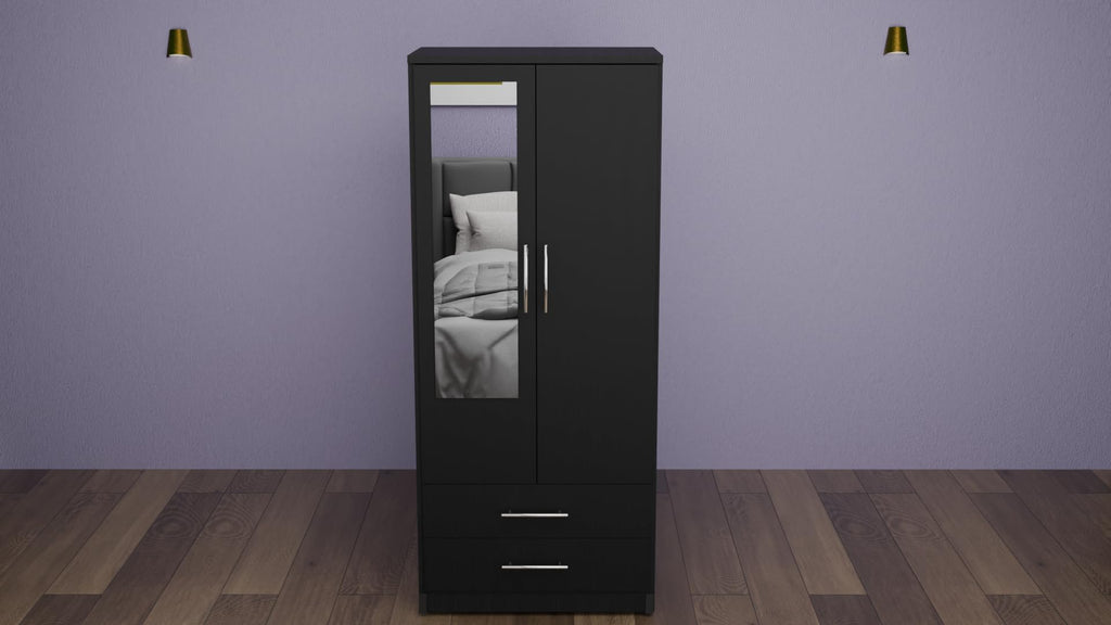 2 Door Mirrored Wardrobe White Fully Assembled with Drawers and Hanging Rail 78cm