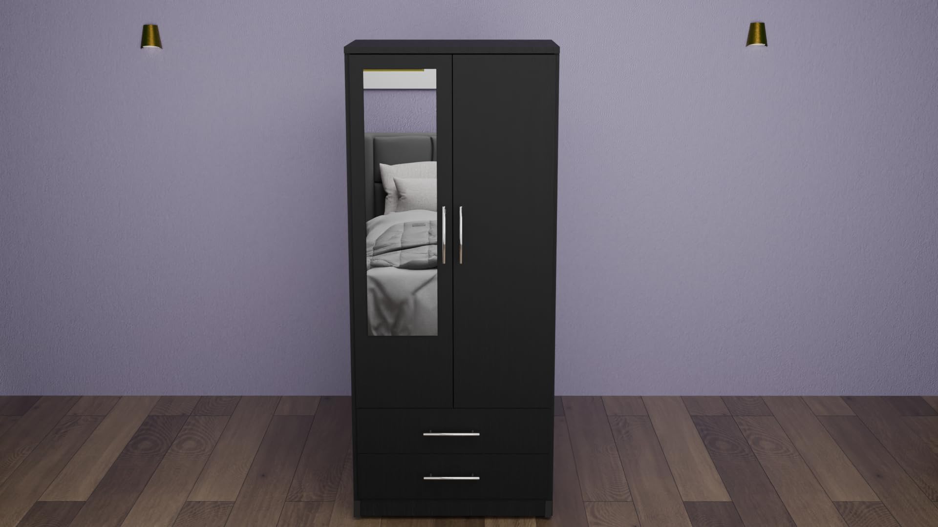 2 Door Mirrored Wardrobe White Fully Assembled with Drawers and Hanging Rail 78cm