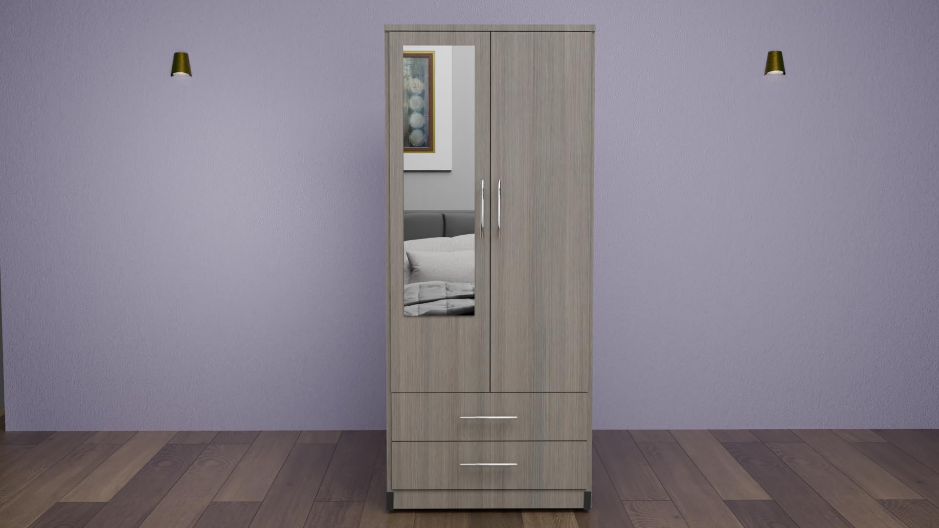 2 Door Mirrored Wardrobe White Fully Assembled with Drawers and Hanging Rail 78cm