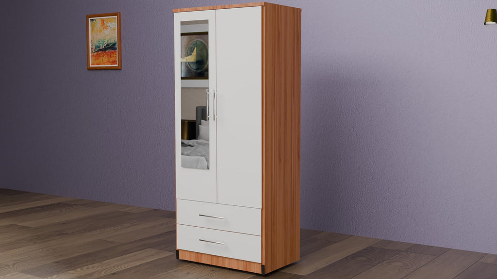 2 Door Mirrored Wardrobe White Fully Assembled with Drawers and Hanging Rail 78cm