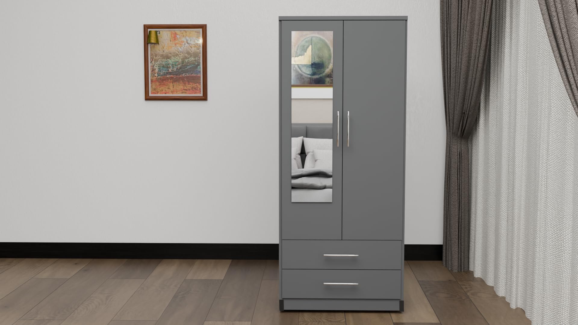 2 Door Mirrored Wardrobe White Fully Assembled with Drawers and Hanging Rail 78cm