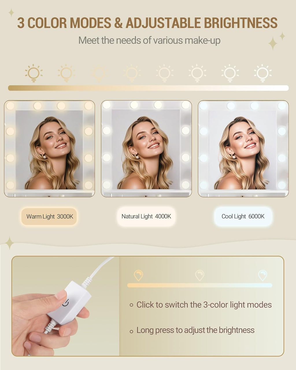 Hzuaneri Dressing Table with Bulb Light, Vanity Desk with 1 Large Drawer and 8 Small Drawer Cabinets, Adjustable Brightness, Large HD Mirror, 9 Open Storage Areas, White DT35703W