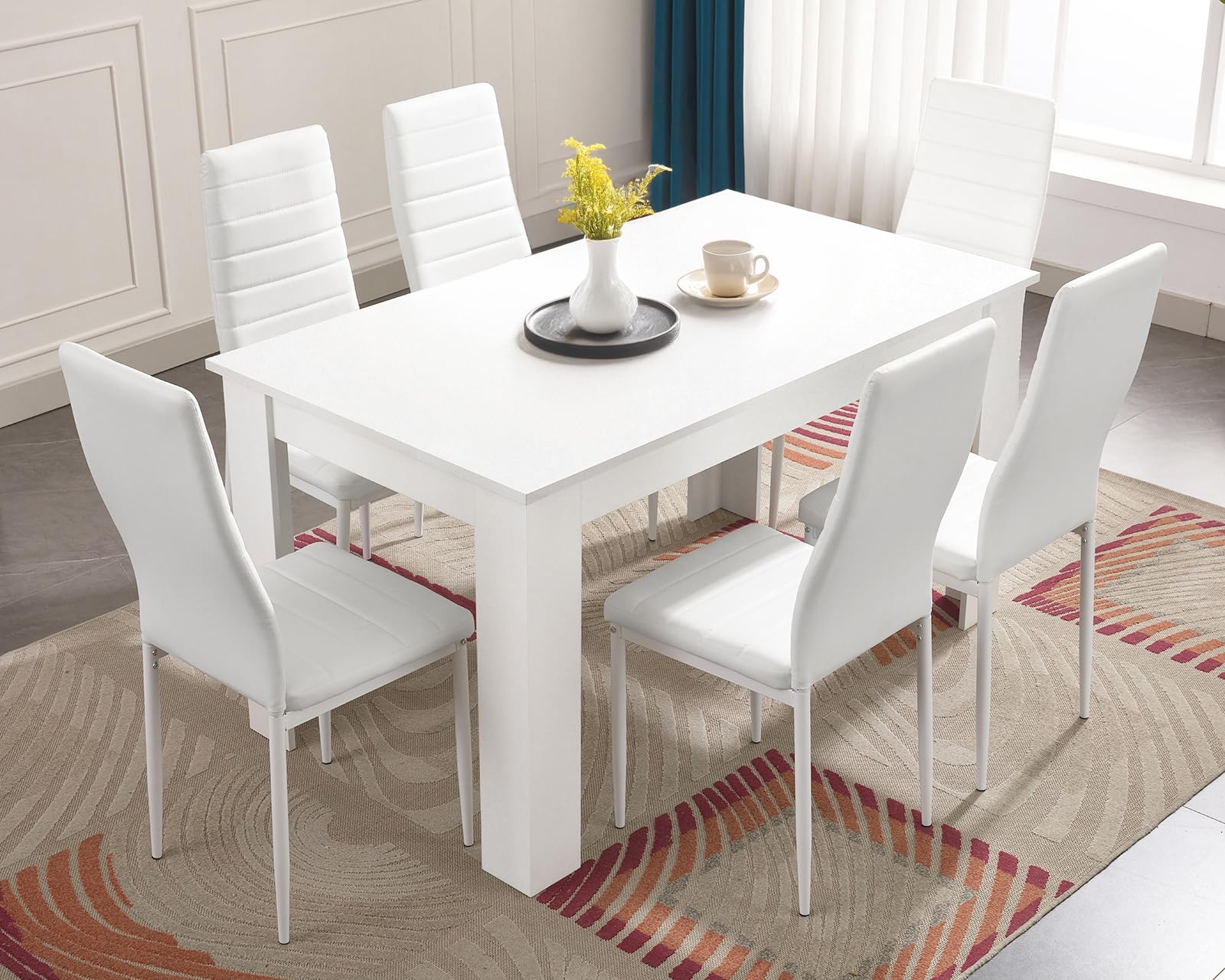 6 Seater Dining Table Set 140x80cm Wooden Table with High Back PU Leather Chairs