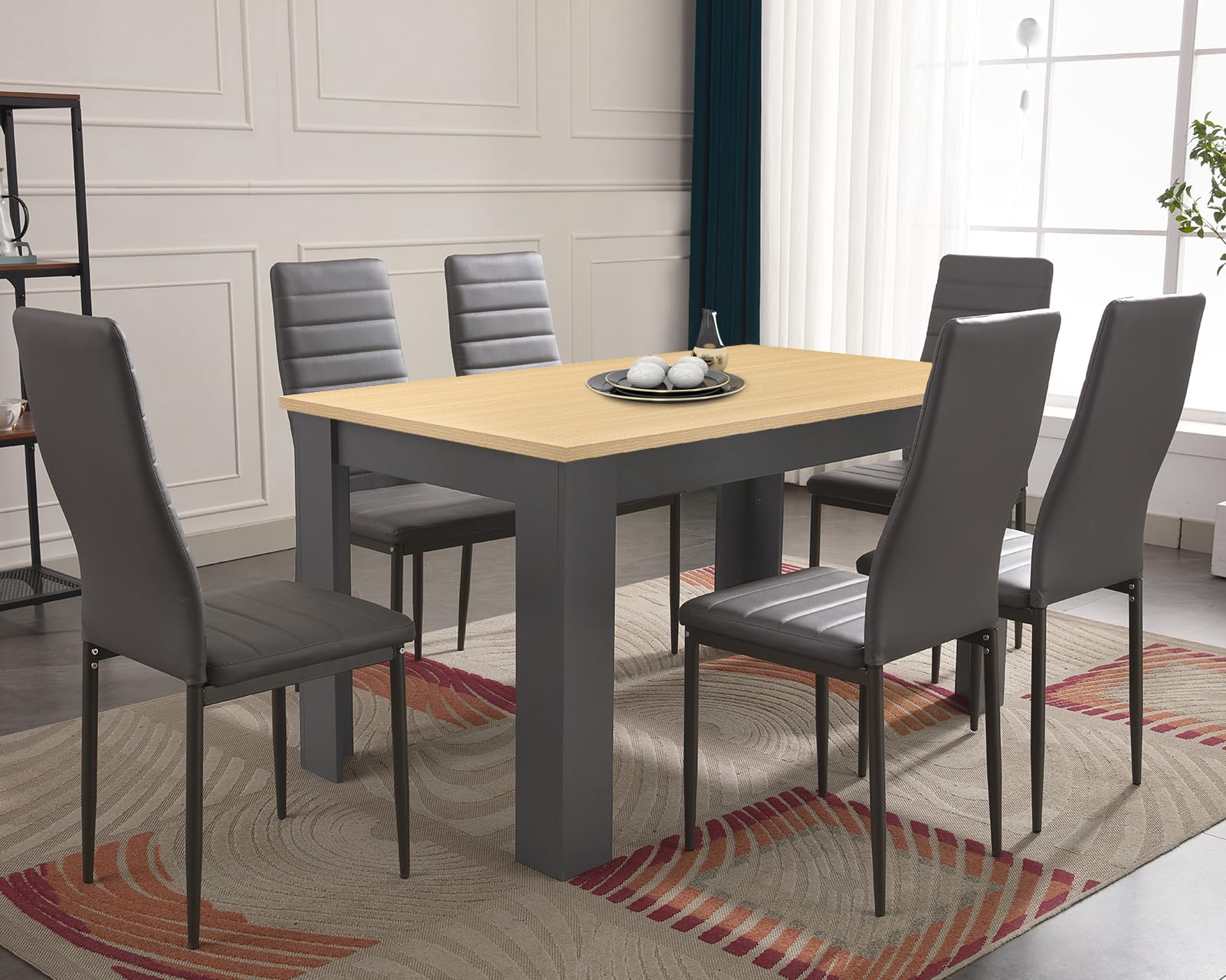 6 Seater Dining Table Set 140x80cm Wooden Table with High Back PU Leather Chairs