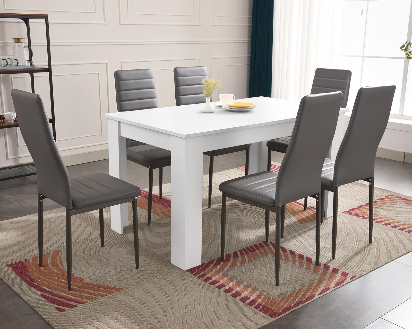 6 Seater Dining Table Set 140x80cm Wooden Table with High Back PU Leather Chairs