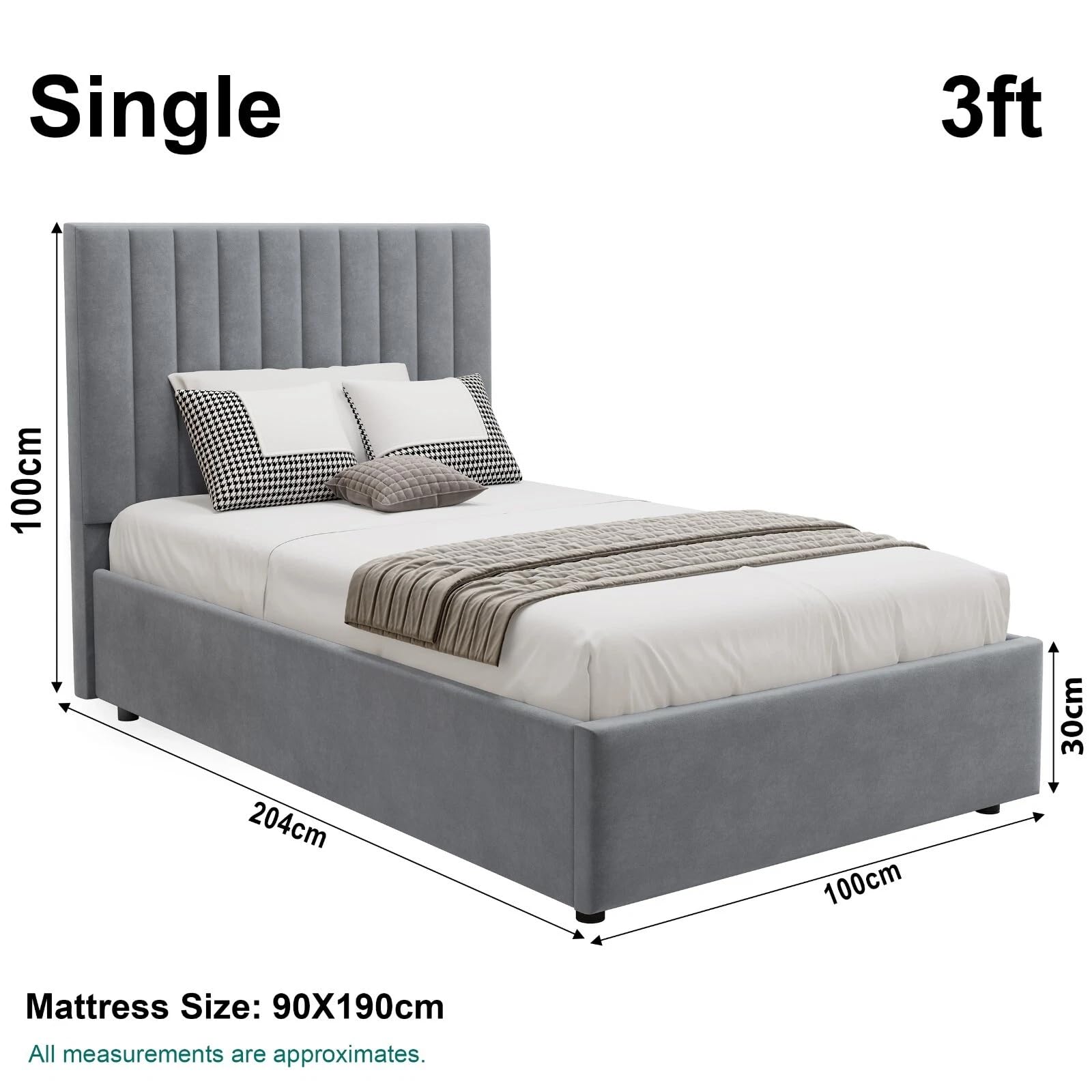 Velvet Ottoman Storage Bed Double 4ft6 Grey Gas Lift Bed Frame with Slats No Mattress