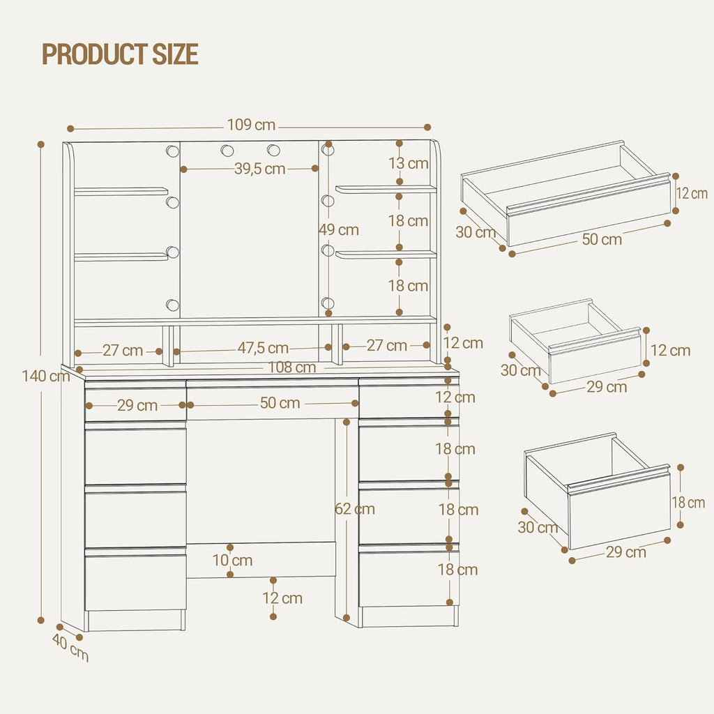 Hzuaneri Dressing Table with Bulb Light, Vanity Desk with 1 Large Drawer and 8 Small Drawer Cabinets, Adjustable Brightness, Large HD Mirror, 9 Open Storage Areas, White DT35703W