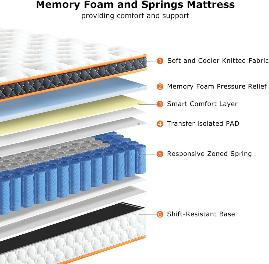 Double Mattress 4FT6, Gel Memory Foam, Individually Medium Firm Pocket Sprungs Double Size Mattresses, Orthopedic Hybrid Mattress for Back Pain Relief 135x190x23cm