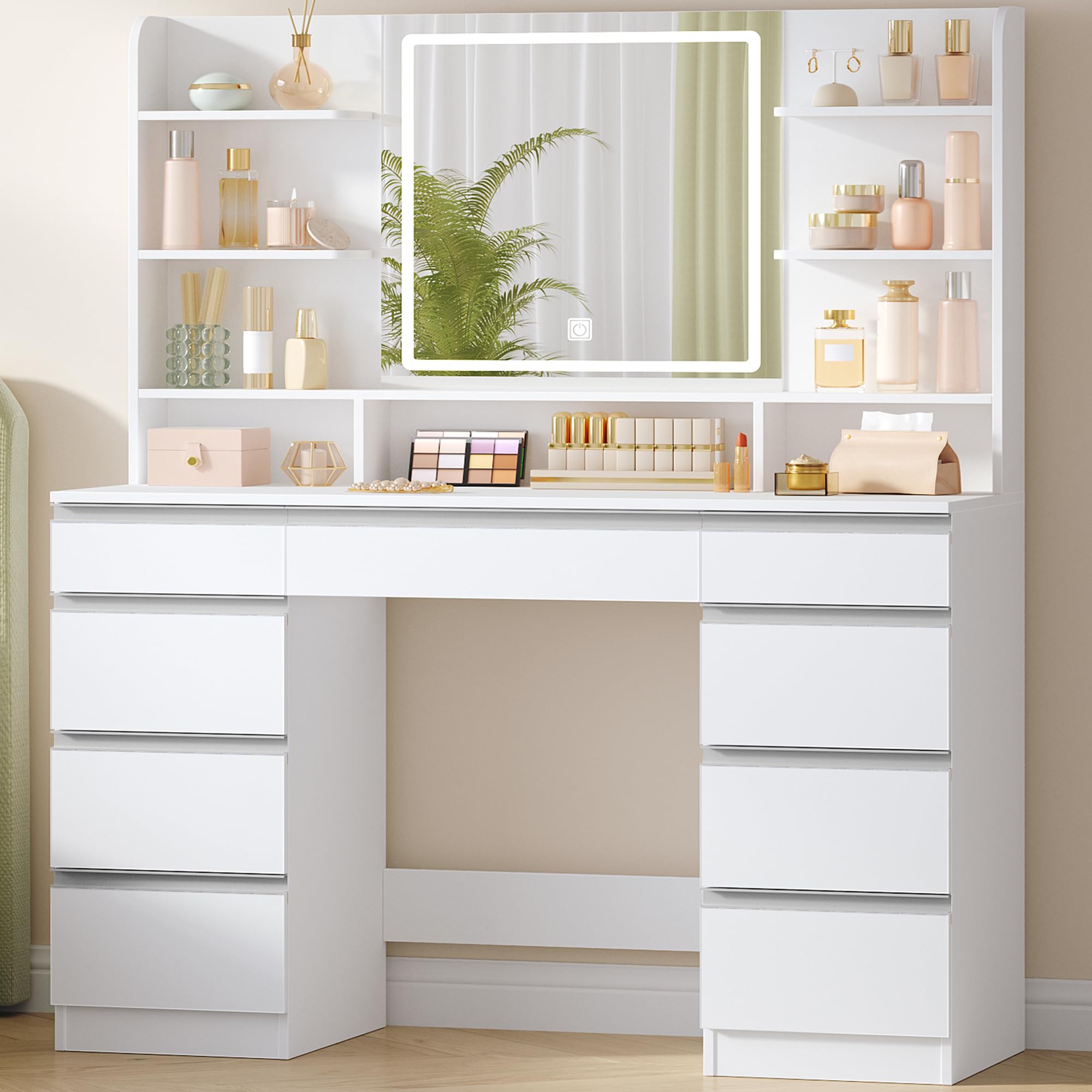 Hzuaneri Dressing Table with Bulb Light, Vanity Desk with 1 Large Drawer and 8 Small Drawer Cabinets, Adjustable Brightness, Large HD Mirror, 9 Open Storage Areas, White DT35703W