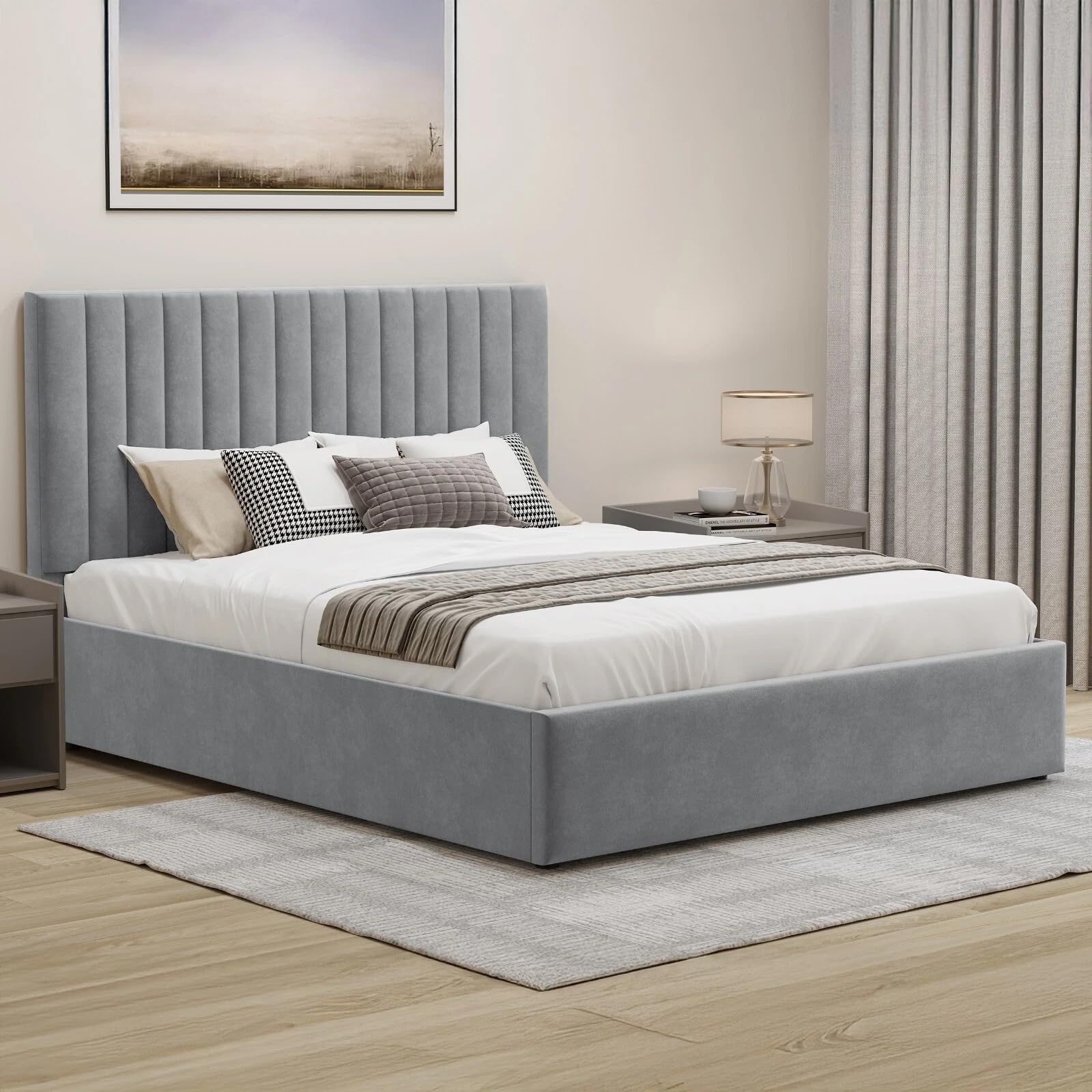Velvet Ottoman Storage Bed Double 4ft6 Grey Gas Lift Bed Frame with Slats No Mattress