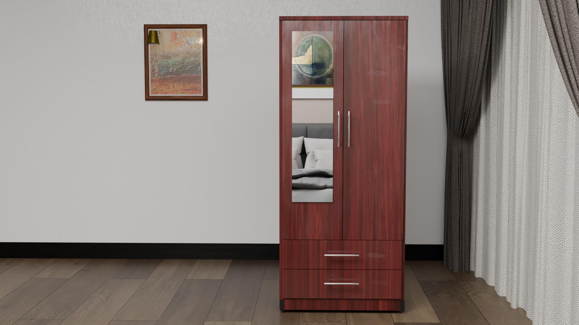 2 Door Mirrored Wardrobe White Fully Assembled with Drawers and Hanging Rail 78cm