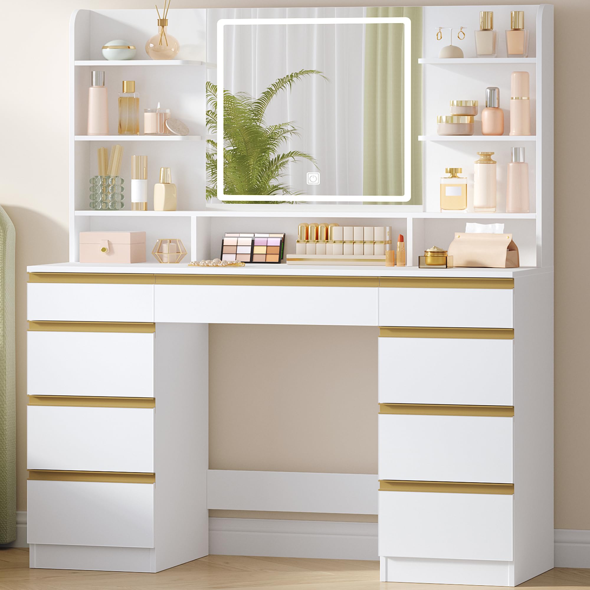 Hzuaneri Dressing Table with Bulb Light, Vanity Desk with 1 Large Drawer and 8 Small Drawer Cabinets, Adjustable Brightness, Large HD Mirror, 9 Open Storage Areas, White DT35703W