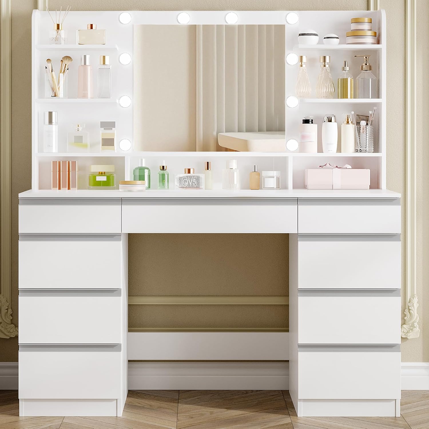 Hzuaneri Dressing Table with Bulb Light, Vanity Desk with 1 Large Drawer and 8 Small Drawer Cabinets, Adjustable Brightness, Large HD Mirror, 9 Open Storage Areas, White DT35703W