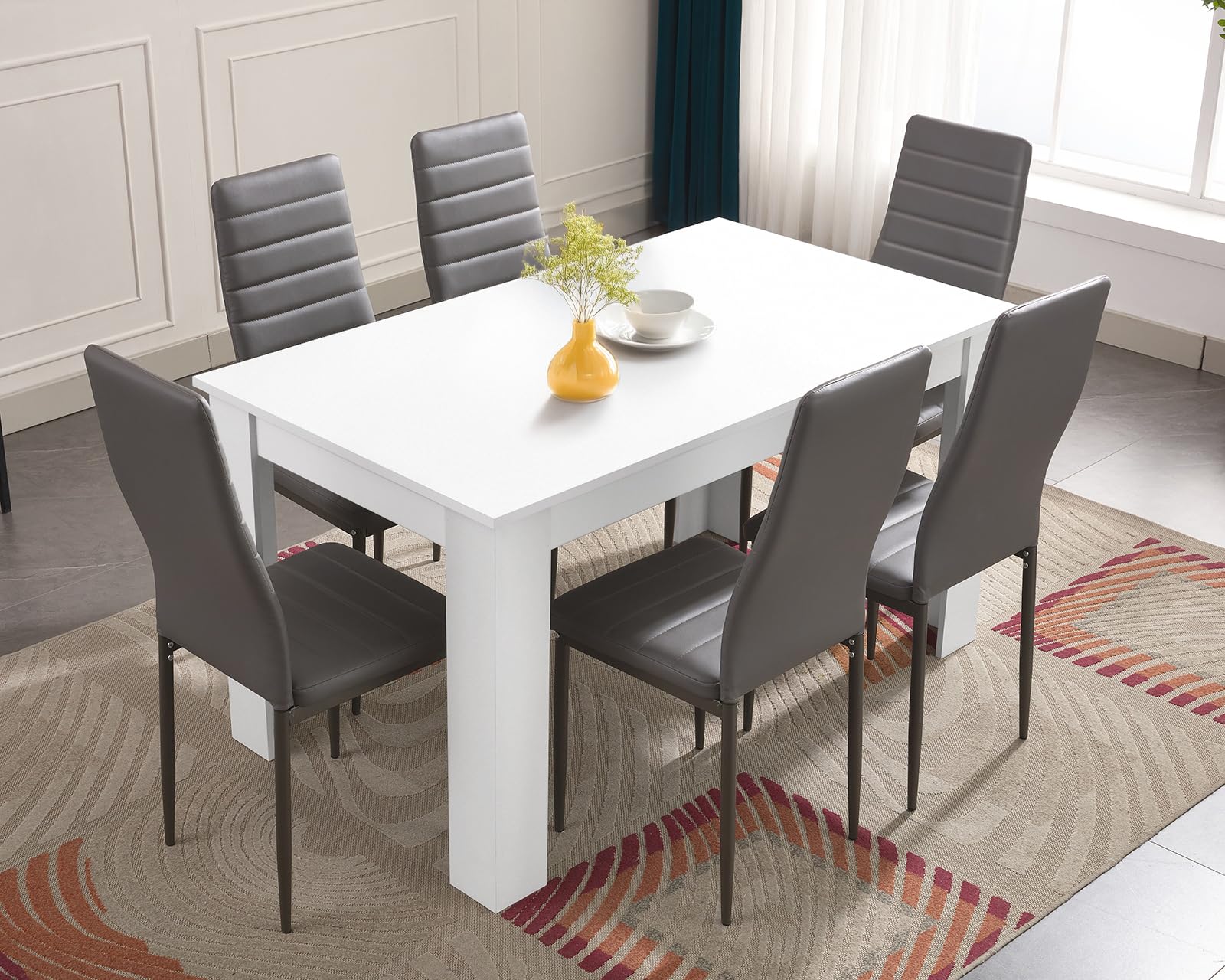 6 Seater Dining Table Set 140x80cm Wooden Table with High Back PU Leather Chairs