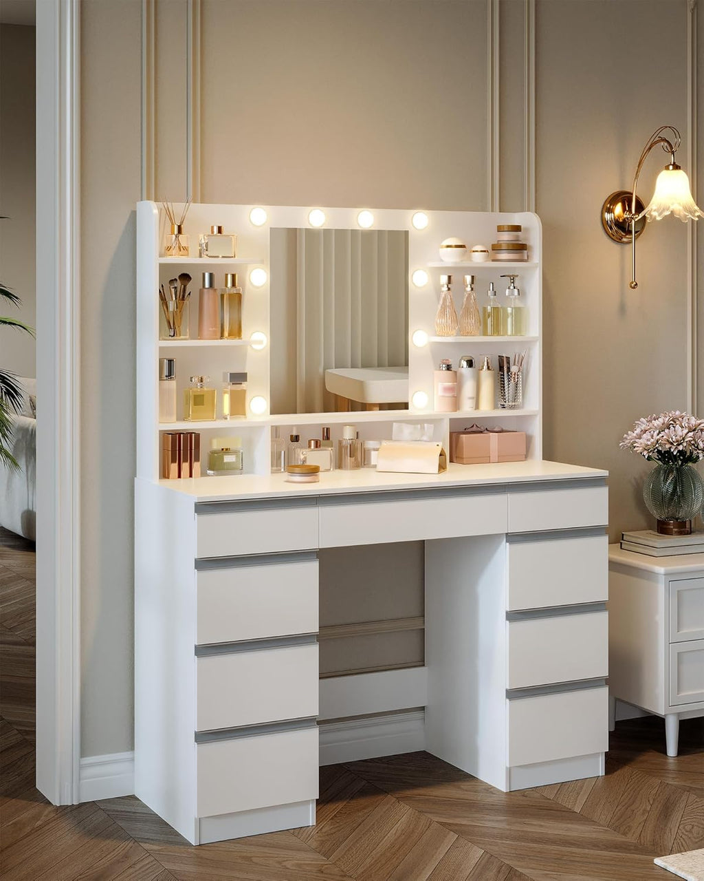 Hzuaneri Dressing Table with Bulb Light, Vanity Desk with 1 Large Drawer and 8 Small Drawer Cabinets, Adjustable Brightness, Large HD Mirror, 9 Open Storage Areas, White DT35703W