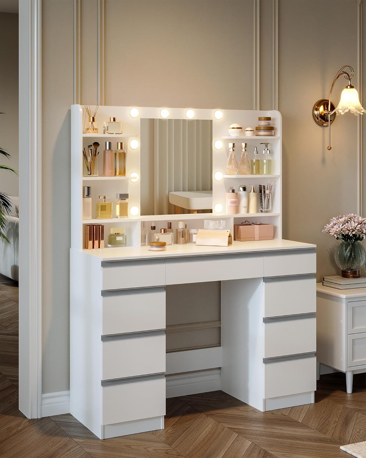 Hzuaneri Dressing Table with Bulb Light, Vanity Desk with 1 Large Drawer and 8 Small Drawer Cabinets, Adjustable Brightness, Large HD Mirror, 9 Open Storage Areas, White DT35703W