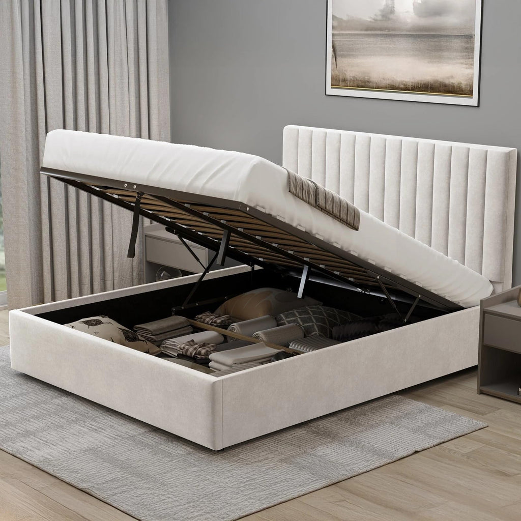 Velvet Ottoman Storage Bed Double 4ft6 Grey Gas Lift Bed Frame with Slats No Mattress