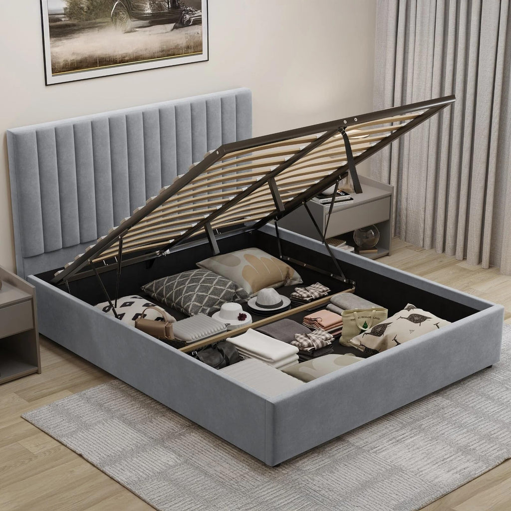 Velvet Ottoman Storage Bed Double 4ft6 Grey Gas Lift Bed Frame with Slats No Mattress