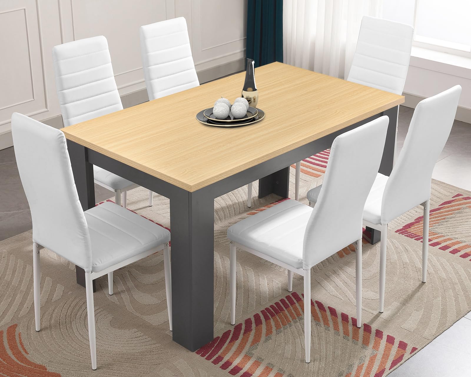 6 Seater Dining Table Set 140x80cm Wooden Table with High Back PU Leather Chairs