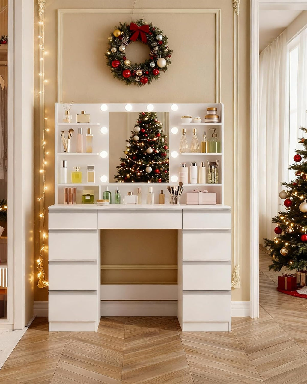 Hzuaneri Dressing Table with Bulb Light, Vanity Desk with 1 Large Drawer and 8 Small Drawer Cabinets, Adjustable Brightness, Large HD Mirror, 9 Open Storage Areas, White DT35703W